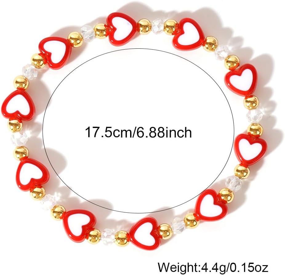 Valentines Surfer Beach Heishi Bracelets for Women Stackable Rainbow Y2K Heart Clay Beaded Stretch Bracelet, Boho Layering Friendship Bracelets Set Jewelry Gift. - Image 4
