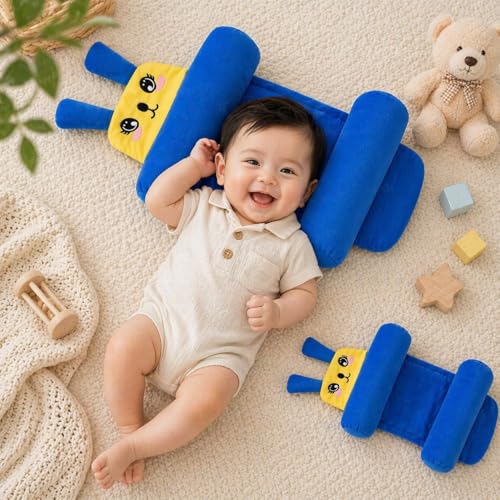 Image of Baby Pillow Combo Set for Newborns & Infants | Toddler Pillow Head Support Cushions with Plush Side Rollers for 0-12 Months (Dark Blue)