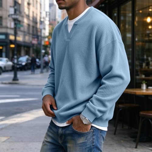 Corduroy Shirt Men V Neck Retro Faux Layered Mens Fall Dress Shirts - image 4