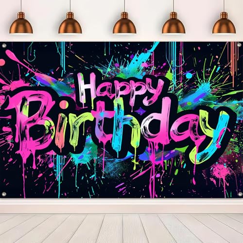 Image of HOMETITUTE Neon Happy Birthday Banner 120x84 inch Photography Backdrops Party Background Decorations Colorful Graffiti Splash Paint KidsBirthday Supplies Glow in The Dark