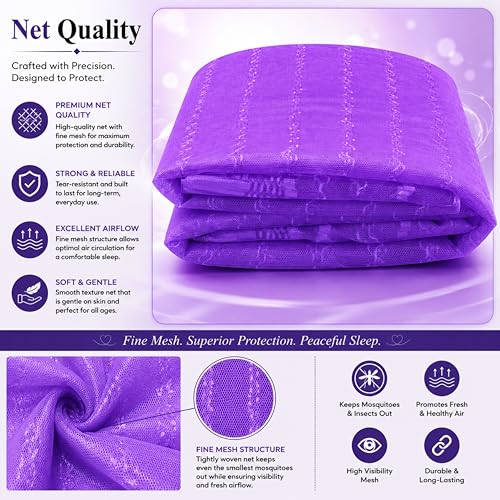 Image of Mosquito Net for King Size Bed & Double Bed (6x7 ft, Wall /Hook Hanging) Poly-Cotton Blend Fabric with Zigzag Wave Line Pattern, Pre-Fitted Bottom & Cotton Ribbon (Frame Not Included-Royal Violet)