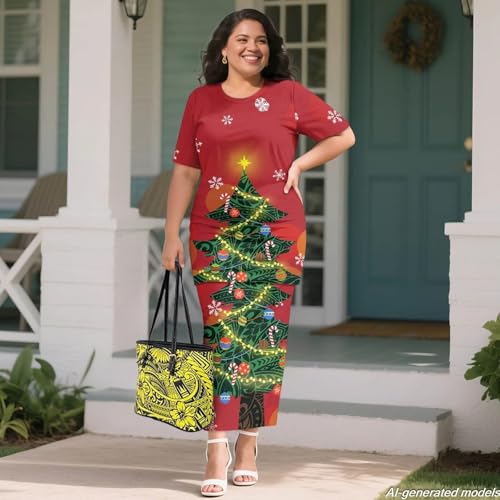 Image of Polynesian Dress for Women Short Sleeve High Waist Maxi Skirt | Puletasi dress, t-shirt and skirt two-piece, elastic material, lightweight, soft, plus size, luau party, wedding, clubwear