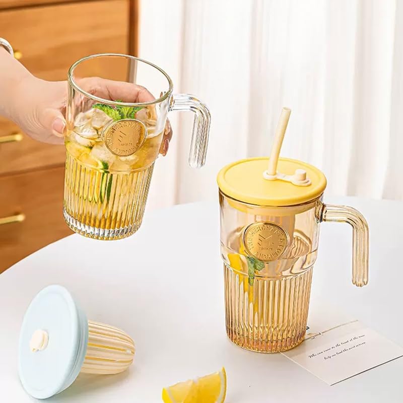 Avastro 500ml Glass Cup with Straw and Lid, Office Water Bottle, Home Juice Drink Milk Tea Coffee Cup with Handle, Pack of 2 3