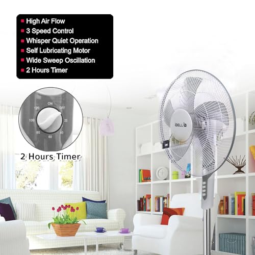 Image of IBELL Chrome10 406mm (16 Inch) 5 Blade Pedestal Fan | 55W High Speed Copper Motor | Built-in 2 Hour Timer | Adjustable Height | Wide Oscillation (White)