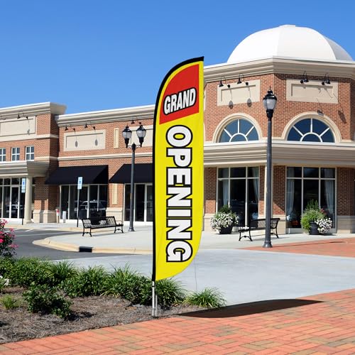 Image of LookOurWay Feather Flag Pole Kit - 12 Feet Tall Advertising Flag Banner with Fiberglass Pole Kit and Ground Spike for Business Promotion - Grand Opening Flags - Grand Opening Yellow & Red (10M1200027)
