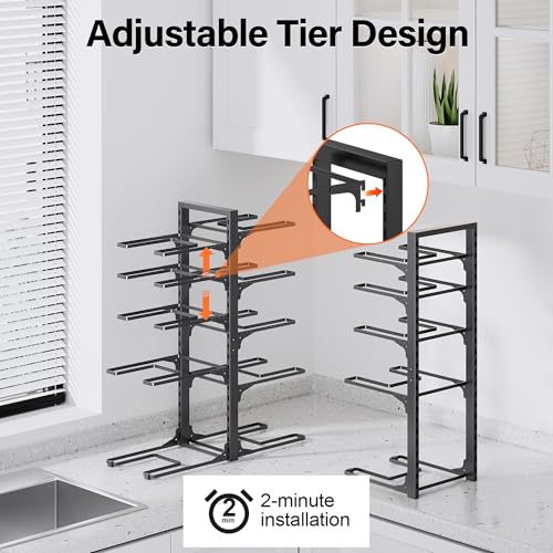 Image of MUDEELA 10-Tier Pots and Pans Organizer under Cabinet, 23.62 inch Height Heavy Duty Pot and Pan Organizer Kitchen Cabinet Organization and Storage, Adjustable Pot Rack for Frying Pan, Cast Iron Skillet