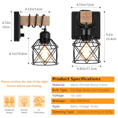 Image of FadimiKoo Dimmable Wall Sconces Set of Two, Bedside Wall Mounted Lamp with Rotary Switch, Wooden Black Bathroom Light Fixtures with Metal Cage, Hardwired Farmhouse Wall Lights for Bedroom, Living Room