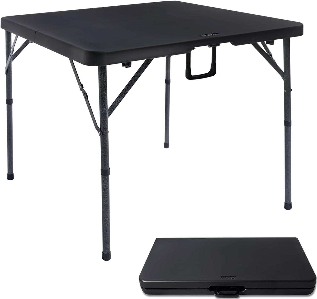 34" square folding card table, fold-in-half utility dining portable table heavy duty hdpe plastic foldable with carrying handle indoor outdoor for picnic, camping, party, black dark black 34in?square)