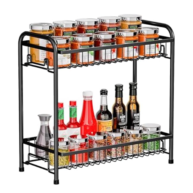 Spice Rack for Countertop, 2-Tier Standing Sturdy Metal Seasoning Organizer Holder, Space Saving Spice Shlef for Kitchen, Cabinet, Pantry Storage, Easy Assembly, Black