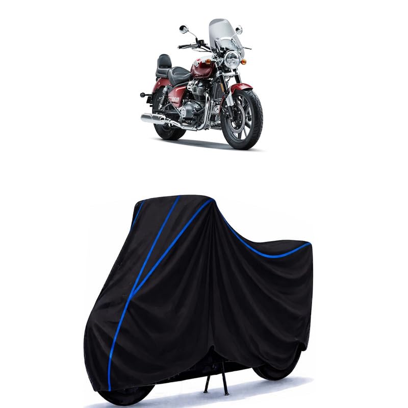 Image of Super Meteor 650 Bike Cover Water Resistant Universal Motorcycle Rain | Heavy Duty UV Protection, Dust, Scratch Indoor Outdoor All Weather with Black Blue Piping Elastic