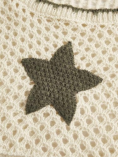 WDIRARA Women's Star Striped Print Long Sleeve Crop Sweater Round Neck Hollow Out Pullovers Knitwear4