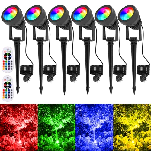 T-SUNUS RGB Garden Spotlights Mains Powered, Christmas Lights RGB Colors 4 Lighting Modes Landscape Lights Garden Light with Ground Spike IP65 Waterproof Outdoor Pathway Lighting Yard Lawn(6 Pack)