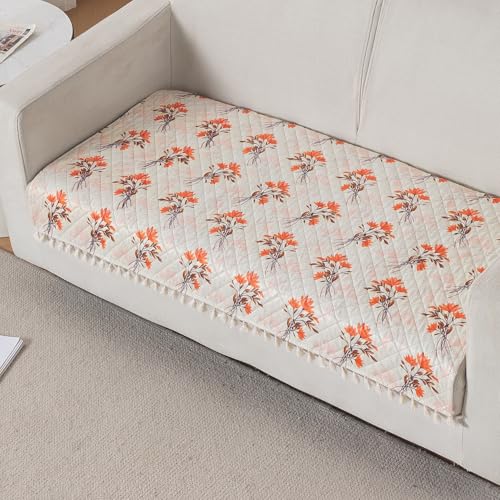 Image of HOKIPO Autumn Blossom 2 Seater Quilted Sofa Cover Mat with Tassels 'Tassel Twigs' Series (IN-983-T5)