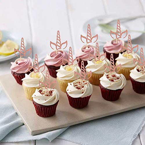 Ercadio 36 Pack Unicorn Cupcake Toppers Rose Gold Glitter Unicorn Horn Cupcake Picks Baby Shower Kids Birthday Cake Decorations Supplies #TOP4