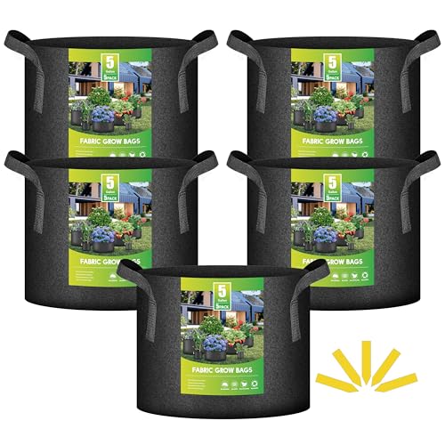 Image of iPower 5 Pack 5 Gallon Grow Bags, Garden Planting Nonwoven Fabric Pots with Reinforced Handle, Heavy Duty and Aeration Planter Pot for Tomato, Fruits, Vegetables and Flowers