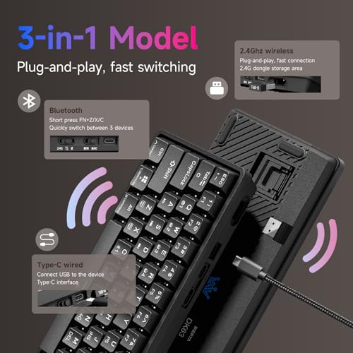 Dierya Teclado Mecánico Gamer Inalámbrico 60% DK63 con Bluetooth/2.4G/Type-C,Red Switch Gaming Mechanical RGB Keyboard,Teclado Ultra-Compacto 68 Teclas para PC/Win/Mac,QWERTY,Negro - imagen 4
