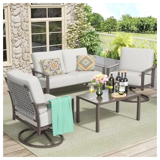 NATURAL EXPRESSIONS 4 Pieces Patio Furniture Sets, Modern Metal Outdoor Conversation Sets with High Back All Weather Hand-Woven Rope Rocking Swivel Chairs, Loveseat, Metal Table, 5.5" Thick Cushions