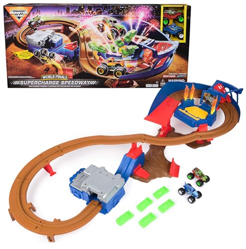 Monster Jam, Supercharge Speedway Playset with Megalodon and EL Toro Loco Trucks in 1:64 Scale Action Packed Motorised Stunt Track with Ramps, Lighting and Lots of Accessories, Ages 3+