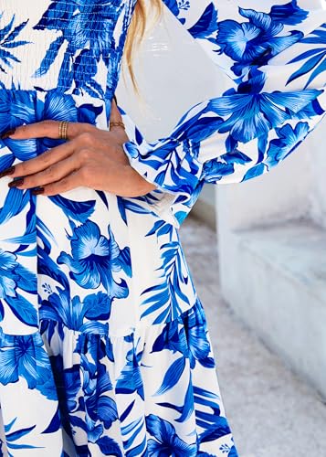 Image of KIRUNDO Long Sleeve Dress for Women 2025 Summer Fall Wedding Guest Smocked Floral Crewneck Ruffle A Line Flowy Mini Dress