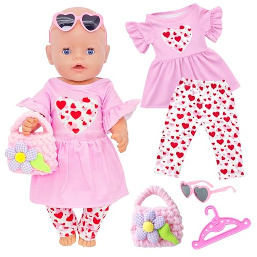 Atomvia Baby Puppen Puppenkleidung 3543 cm 5-teiliges Outfit mit Oberteil + Hose + Handtaschen + Sonnenbrille + Kleiderbügeln Herzmotiv für 1418 Zoll Baby Puppen (Ohne Puppe)