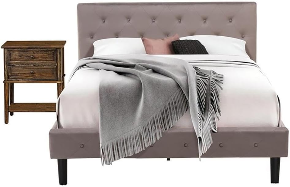 East West Furniture NL14Q-1VL07 2 Piece Queen Bed Set - Button Tufted Bed Frame - Brown Taupe Velvet Fabric Upholstered Headboard and a Distressed Jacobean Finish Nightstand