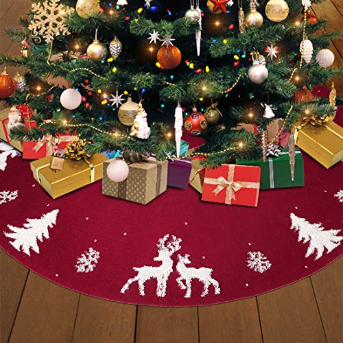 LOMOHOO Knitted Christmas Tree Skirt 48 inches 3D Knitted Tree Skirt Traditional Knit Luxury Thick Rustic Tree Skirts Xmas Holiday Christmas Decoration Indoor Outdoor (Red Knitted, 48 inches/122cm) - Thumbnail 3