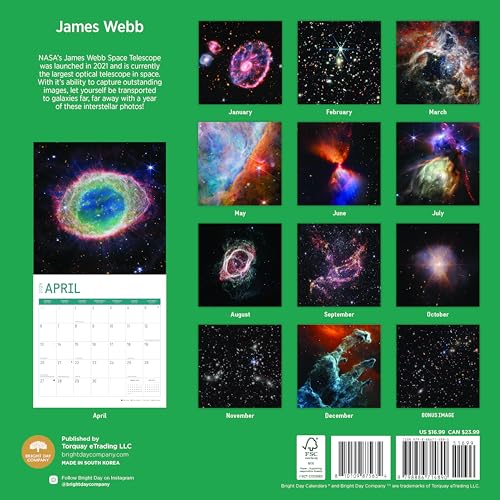 Calendário de parede mensal James Webb 2025 da Bright Day, 30,5 x 30,5 cm, exploração espacial Mily