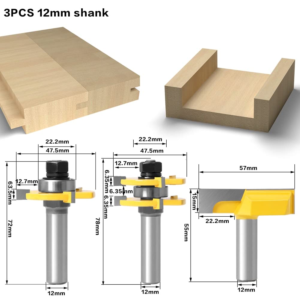 Sagoma per scanalatura a V, 3 pz 12 MM 1/2 pollici Gambo Lingua Scanalatura Giunto Assemblare Punte del Router 3/4 "Stock T-Slot Tenone Fresa for Legno Lavorazione Del Legno(3PCS 12mm shank)