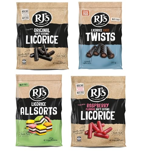 RJs Licorice Variety Pack 4 x 280g | Original Raspberry Chocolate & Layered Liquorice | Soft Chewy Sweets | Assorted Liquorice Selection