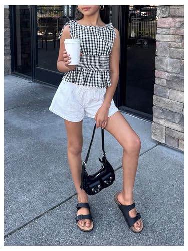 Floerns Girl's Plaid Peplum Tank Top Sleeveless Ruffle Hem Bow Shoulder Blouse Top4