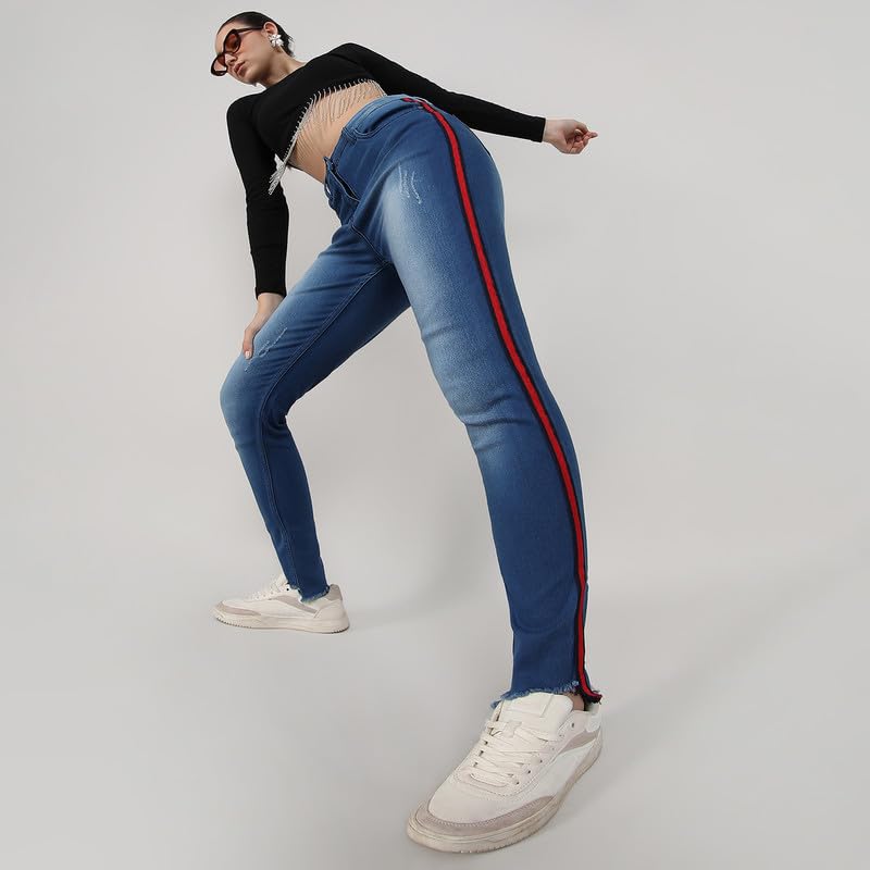 Image of PINACOLADA Women's Side-Striped Denim Jeans for Casual Wear | Light-Wash | Regular Fit | Button Closure | Cotton Denim Jeans Crafted with Comfort Fit for Everyday Wear