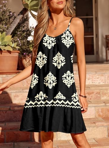 Image of Dokotoo Summer Dresses for Women 2026 Spaghetti Strap Sexy Deep V Neck Smocked Ruffle Flowy Boho Dresses