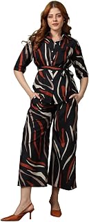 Kvetoo Women Printed Co Ord Set Shirt and Wide Leg Pant Outfit Casual Lounge Wear Stylish Two Piece Set Belted Top with Ha... Price In India