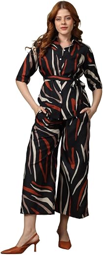 Kvetoo Women Printed Co Ord Set Shirt and Wide Leg Pant Outfit Casual Lounge Wear Stylish Two Piece Set Belted Top with Ha...