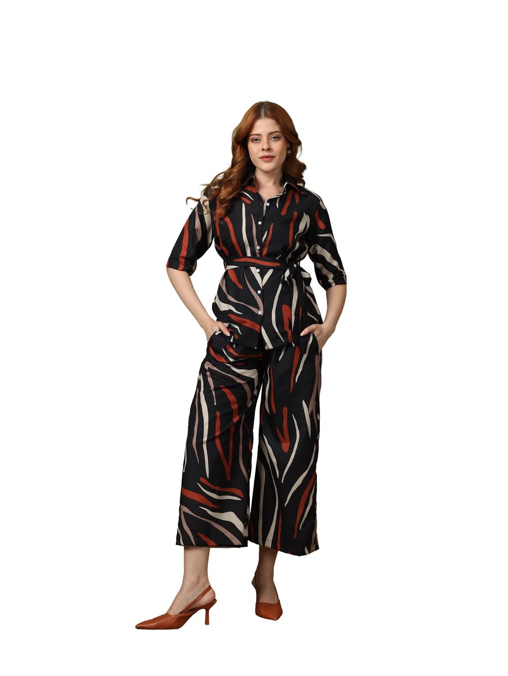 Kvetoo Women Printed Co Ord Set Shirt and Wide Leg Pant Outfit Casual Lounge Wear Stylish Two Piece Set Belted Top with Ha... - Review, Price and Buying Guide