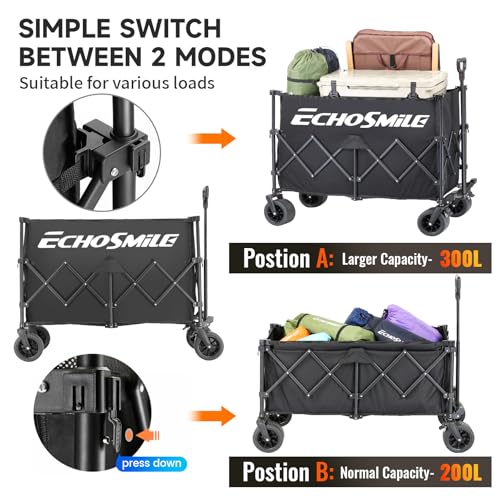 EchoSmile Collapsible Wagon with Wide Wheels, 500 lbs Heavy Duty Utility Cart, Extra Tall Beach Wagon for Sand, Portable Camping Cart, Black by EchoSmile - Image 2