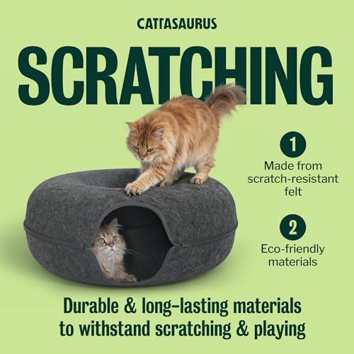 Image of Cattasaurus Peekaboo Cat Cave Donut for Multiple & Large Cats up to 30-45 lbs, 3-in-1 Self Warming Cat Bed, Tunnel & Scratcher for Indoor Cats, Washable & Detachable Small Dog Bed (Dark Gray, Jumbo)