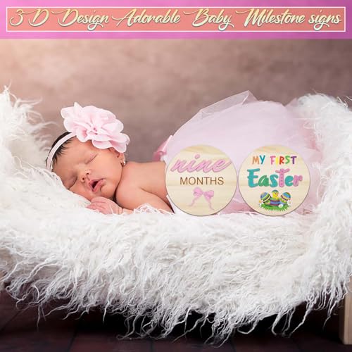Image of Wooden Baby Monthly Milestone Cards | 3D Double-Sided Pink Number 1 to 12 Month Milestone Sign Baby First Holiday Newborn Photo Props Baby Shower Gifts for Girls (Monthly Milestone Signs)