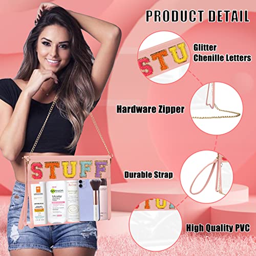 Chenille Letter Clear Bag Stuff Pouch, Monogram Letter Pu Cosmetic Bag With Zipper, Preppy Patch Makeup Bag With Metal Shoulder Strap, Portable Transparent Tote Bag For Women #TOP2