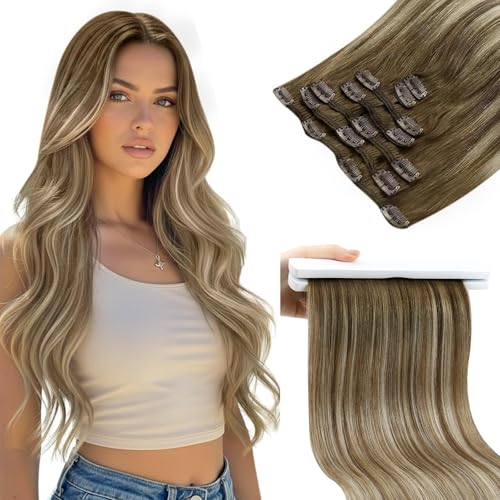 Image of Sunny Hair Clip in Hair Extensions Real Human Hair Light Brown Ombre 120g | Human Hair Clip in Extensions Brown Ombre Platinum Blonde Balayage Extra Body and Volume for Event Ready 14 Inch