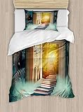 ABAKUHAUS Fantaisie Ensemble de Housse de Couette, Grimoire et Animaux, Décoratif 2 Pièces avec 1 Taie d'oreiller, 130 x 200 cm - 70 x 50 cm, Teal et Jaune