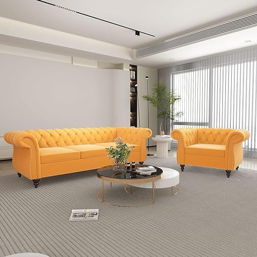 Sky Rise Decor Modern Classic 5 Seater Fabric & Valvet Tufted 3+1+1 Footrest Chesterfield Sofa Living Room and Office (Yellow) (B0CQD5R73D) Amazon Price History, Amazon Price Tracker