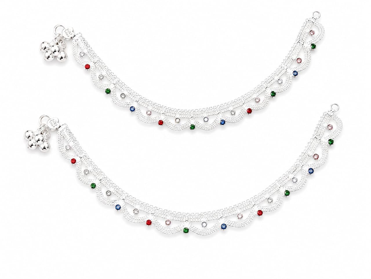 Silver-Toned Multi-Strand Anklet with Colourful Crystal Embellishments and Bell Charms, Set of 2-image-27