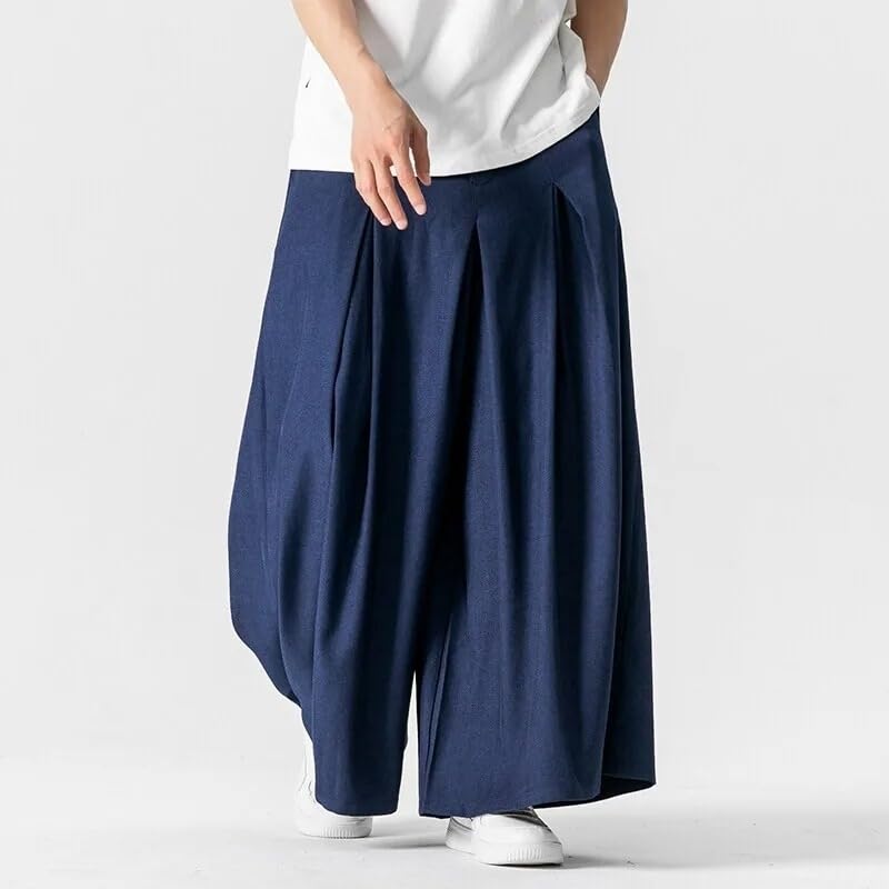 Japan Men Wide Leg Pants Solid Color Casual Pants Mens Loose Cotton Linen Lantern Trousers4