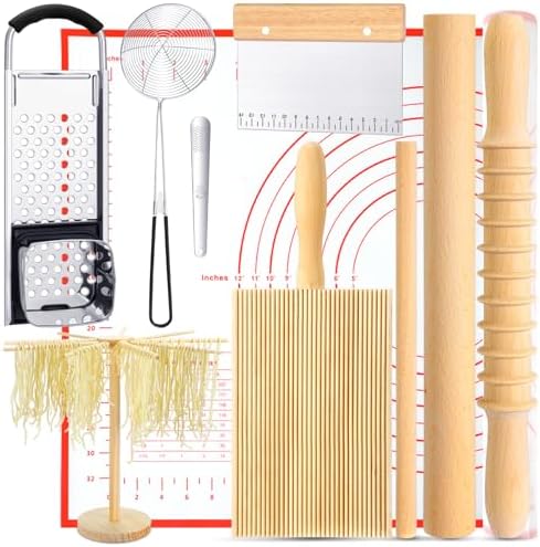 Suclain 9 Pcs Pasta Making Tool Set Includes Pasta Cutter Dough Scraper Rolling Pin Pasta Drying Rack Gnocchi Board Wood with Roller Spaetzle Maker Skimmer Mince Pick Silicone Baking Mat for Noodle Suclain 9 Pcs Pasta Making Tool Set Includes Pasta Cutter Dough Scraper Rolling Pin Pasta Drying Rack Gnocchi Board Wood with Roller Spaetzle Maker Skimmer Mince Pick Silicone Baking Mat for Noodle