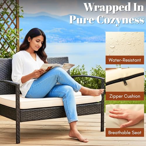 Image of DEVOKO Marbella 4 Pieces Patio Set, Outdoor Sectional Sofa Rattan Wicker Conversation Set with Soft Cushion and Glass Center Table for Outside Porch, Lawn, Garden, Backyard (Dark Brown and Cream)
