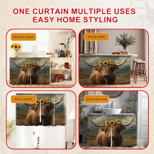 Image of Self Adhesive Highland Cow Sunflower Cabinet Curtain for Mother's Day, 39x28 Inch Rustic Farmhouse Under Sink Skirt No Drill, Spring Cleaning Kitchen Decor, Hook and Loop Valance
