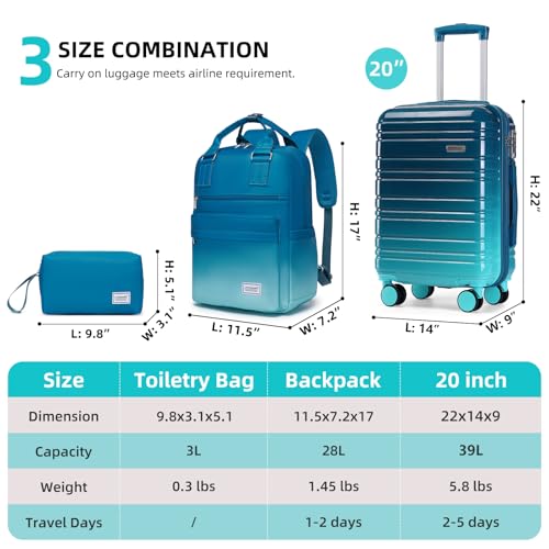 Image of LARVENDER Carry on Luggage 22x14x9 Airline Approved Hardshell Suitcase with Wheels TSA Lock, PC+ABS Lightweight Suitcase Set for Women with Travel Backpack, Ocean Breeze, 3 Piece Set