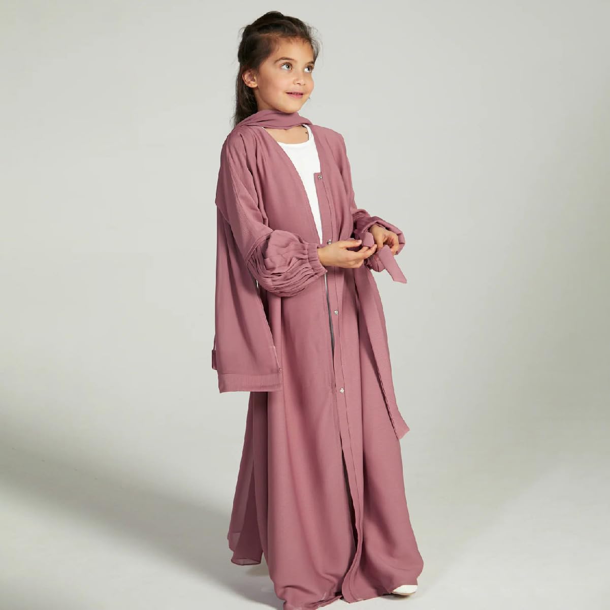 ABEWIP Muslim Abaya for Kids Girls V Neck Modest Dress Hijab Middle East Arabian Flowy Robe with Belt Pink 5-6Y