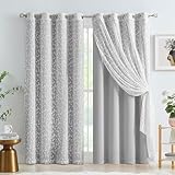 Jubilantex Gray Mix Matched Curtains Leaf Sheer Lace 2 Panels & 2 Full Blackout Curtains 100 Percent Room Darkening Curtains for Bedroom Living Room Grommet Top Design, 52' W x 63' L,Grey & White
